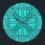 Art Deco 1920s Geometric Teal Green Blue Pattern Large Clock<br><div class="desc">This beautiful, original clock design is done in a geometric art deco style reminiscent of the modern 20's. The rectangular shapes point inward towards the clock hands. The colours are done in various shades of green and blue, ranging from teal to turquoise to sea green. The clock numbers are teal...</div>