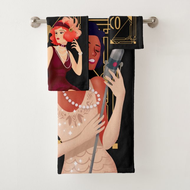 Art Deco 1920s Glam Ladies Gold Black Bath Towel Set (Insitu)