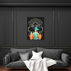 Art Deco 1920s Lady Cocktail Gold Frame Black Canvas Print