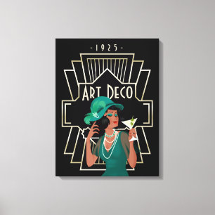 Art Deco 1920s Lady Green Dress Gold Frame Black Canvas Print