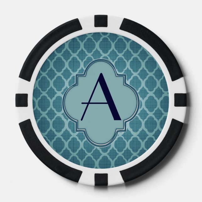 Art deco, 1920's pattern monogrammed teal elegant poker chips (Front)