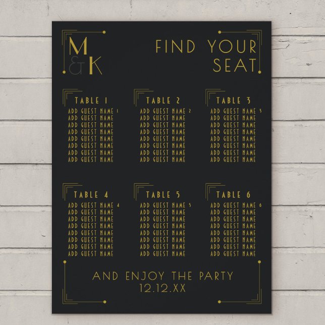Art Deco 1920s Wedding 6 Table Seating Chart (For your 1920s gatsby wedding! Just add your guest names and wedding date)