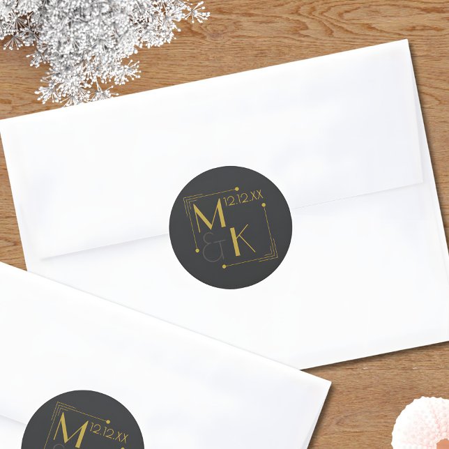 Art Deco 1920s Wedding Black Gold Classic Round Sticker (Just add your wedding date and initials to these elegant black and gold wedding sticjers)