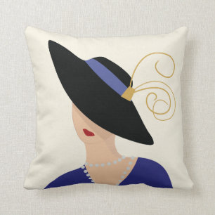 Art Deco 1930s Fashion Plate Woman in Black Hat Cushion