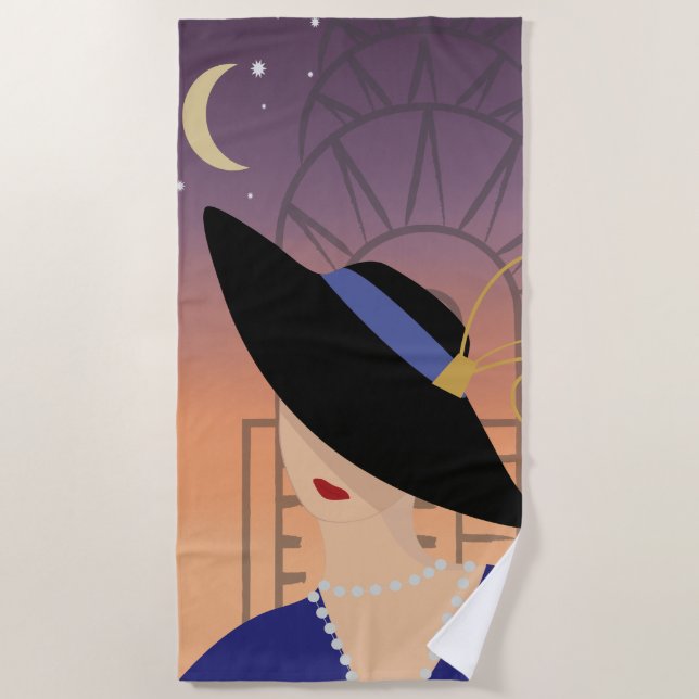 Art Deco 1930s Woman in Hat with Chrysler Building Beach Towel (Front)