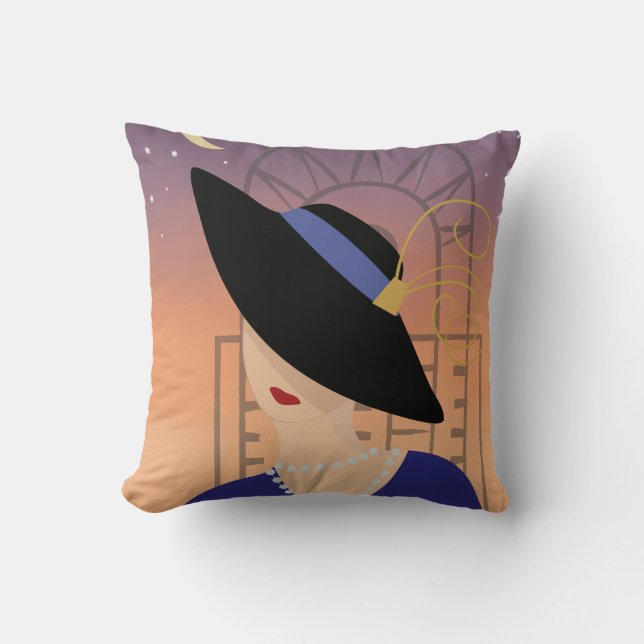 Art Deco 1930s Woman in Hat with Chrysler Building Cushion (Front)