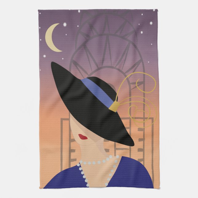 Art Deco 1930s Woman in Hat with Chrysler Building Tea Towel (Vertical)