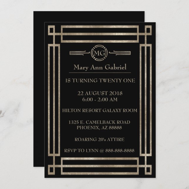 Art Deco 21st birthday party Invite (Front/Back)