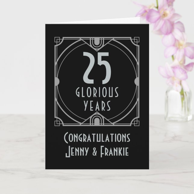 Art Deco 25th Silver Anniversary Names Black Card (Orchid)