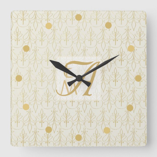 Art Deco 3 Initial Monogram Gold Cream Pattern Square Wall Clock (Front)