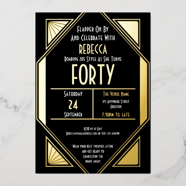 Art Deco 40th Birthday Black Gold Real (Front)