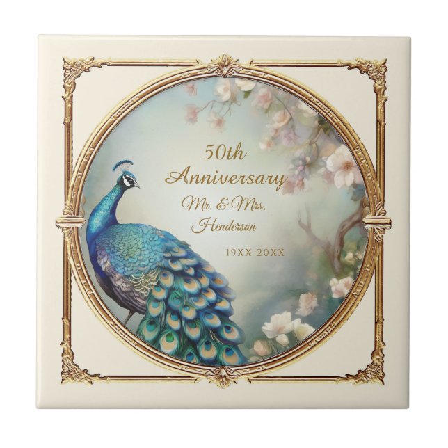 Art Deco 50th Anniversary Peacock Flower Elegant Ceramic Tile (Front)