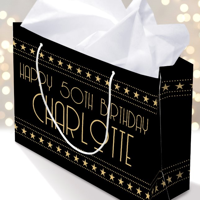 Art Deco 50th Birthday Black Gold Custom Large Gift Bag (Creator Uploaded)