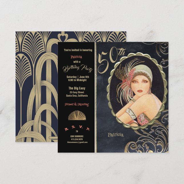 Art Deco 50th Birthday Party 1920's Flapper Girl Invitation (Front/Back)