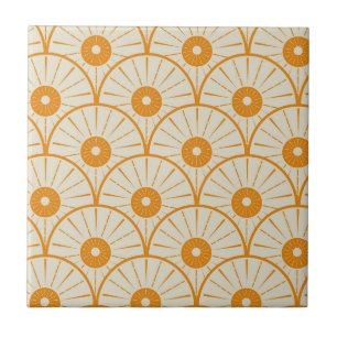 Art Deco Abstract Orange Sun on White  Ceramic Tile