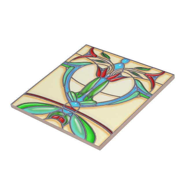 Art Deco Abstract Tulips Stained Glass Ceramic Tile (Side)