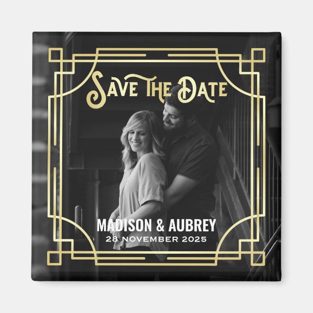 Art Deco Add Your Photo Elegant Gold Save the Date Magnet (Front)