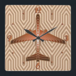 Art Deco Aeroplane, Bronze, Gold and Rust Brown Square Wall Clock<br><div class="desc">Clock in an Art Deco inspired concept of a futuristic plane,  in a striped,  silky gradient of bronze / rust brown,  accented with soft gold,  on a beige and tan,  Deco background</div>