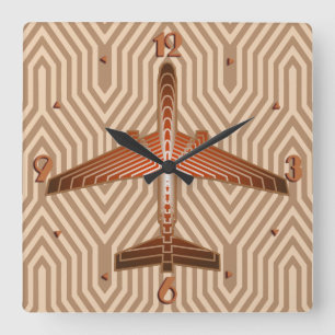 Art Deco Aeroplane, Bronze, Gold and Rust Brown Square Wall Clock