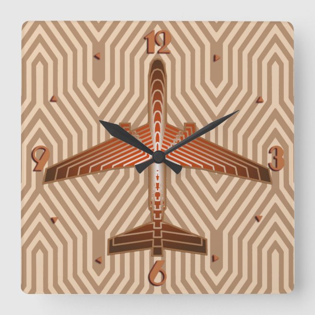 Art Deco Aeroplane, Bronze, Gold and Rust Brown Square Wall Clock (Front)