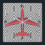 Art Deco Aeroplane, Coral Orange and Silver Grey Square Wall Clock<br><div class="desc">Clock in an Art Deco inspired concept of a futuristic plane,  in a striped,  silky gradient of silver grey / grey stripes on deep coral orange,  against  a light and deep silver grey,  Deco background</div>
