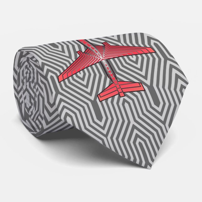 Art Deco Aeroplane, Coral Orange and Silver Grey Tie (Rolled)