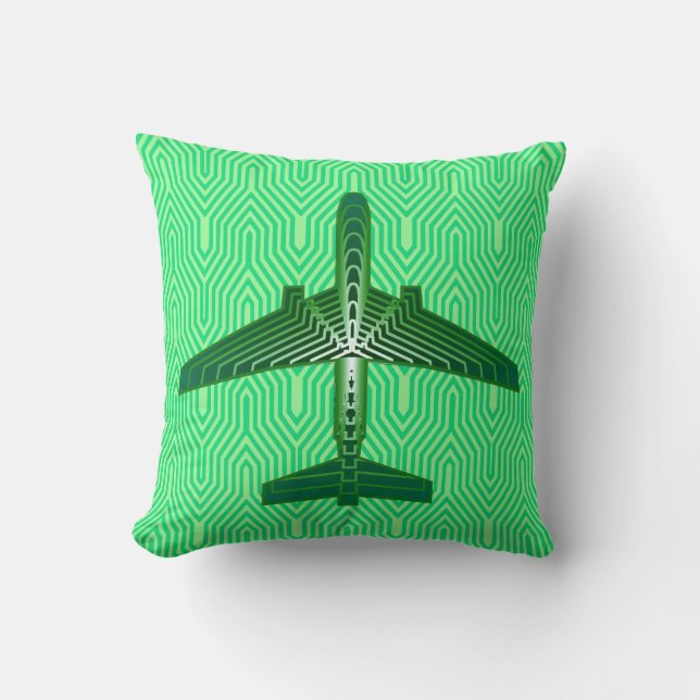 Art Deco Aeroplane, Emerald and Jade Green Cushion (Front)