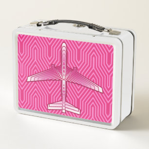 Art Deco Aeroplane, Fuchsia and Pastel Pink Metal Lunch Box