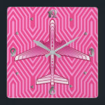 Art Deco Aeroplane, Fuchsia and Pastel Pink Square Wall Clock<br><div class="desc">Clock in an Art Deco inspired concept of a futuristic plane,  in a striped,  silky gradient of deep fuchsia to pastel pink,  on a deep fuchsia pink,  Deco background</div>
