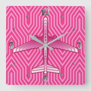 Art Deco Aeroplane, Fuchsia and Pastel Pink Square Wall Clock