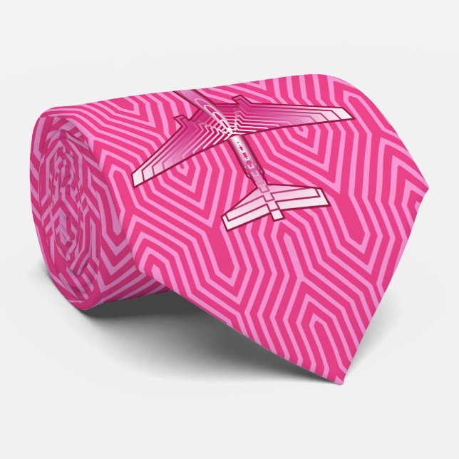 Art Deco Aeroplane, Fuchsia and Pastel Pink Tie (Rolled)