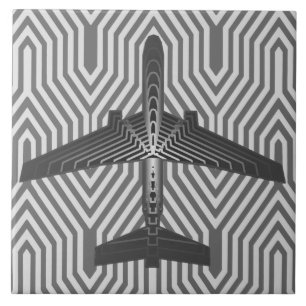 Art Deco Aeroplane, Graphite and Silver Grey Ceramic Tile