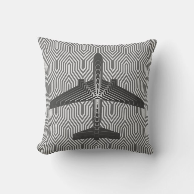 Art Deco Aeroplane, Graphite and Silver Grey Cushion (Front)