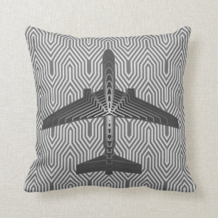 Art Deco Aeroplane, Graphite and Silver Grey Cushion