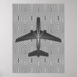 Art Deco Aeroplane, Graphite and Silver Grey Poster<br><div class="desc">Print in an Art Deco inspired concept of a futuristic plane,  in a striped,  silky gradient of silver to deep graphite grey / grey,  against  a light and deep silver grey,  Deco background</div>