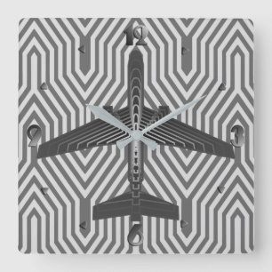 Art Deco Aeroplane, Graphite and Silver Grey Square Wall Clock