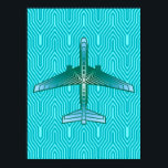 Art Deco Aeroplane, Turquoise, Teal and Aqua Poster<br><div class="desc">Print in an Art Deco inspired concept of a futuristic plane,  in a striped,  silky gradient of teal,  turquoise and aqua,  on a turquoise and aqua,  Deco background</div>
