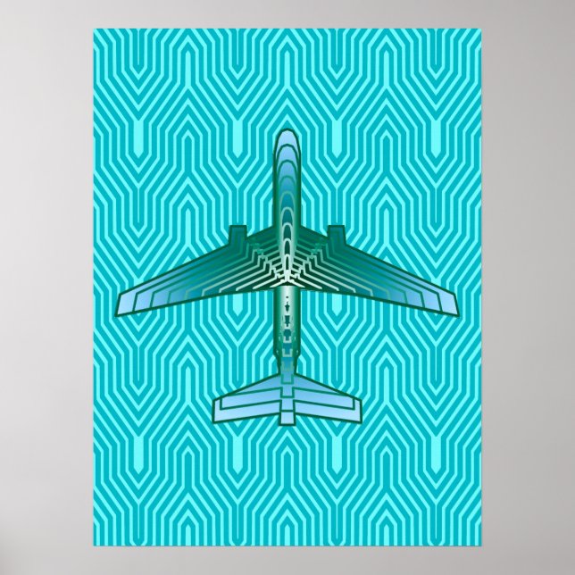Art Deco Aeroplane, Turquoise, Teal and Aqua Poster (Front)