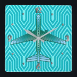 Art Deco Aeroplane, Turquoise, Teal and Aqua Square Wall Clock<br><div class="desc">Clock in an Art Deco inspired concept of a futuristic plane,  in a striped,  silky gradient of teal,  turquoise and aqua,  on a turquoise and aqua,  Deco background</div>