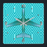 Art Deco Aeroplane, Turquoise, Teal and Aqua Square Wall Clock<br><div class="desc">Clock in an Art Deco inspired concept of a futuristic plane,  in a striped,  silky gradient of teal,  turquoise and aqua,  on a turquoise and aqua,  Deco background</div>