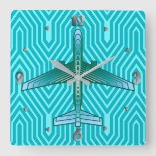 Art Deco Aeroplane, Turquoise, Teal and Aqua Square Wall Clock