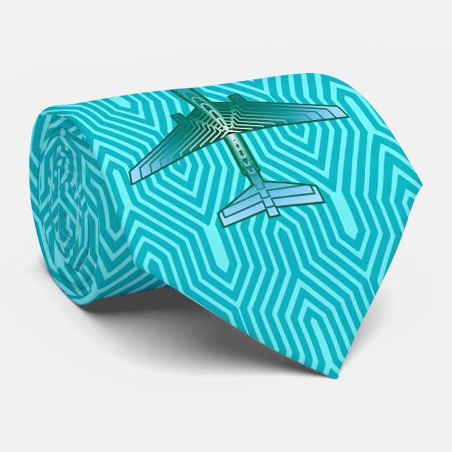 Art Deco Aeroplane, Turquoise, Teal and Aqua Tie (Rolled)
