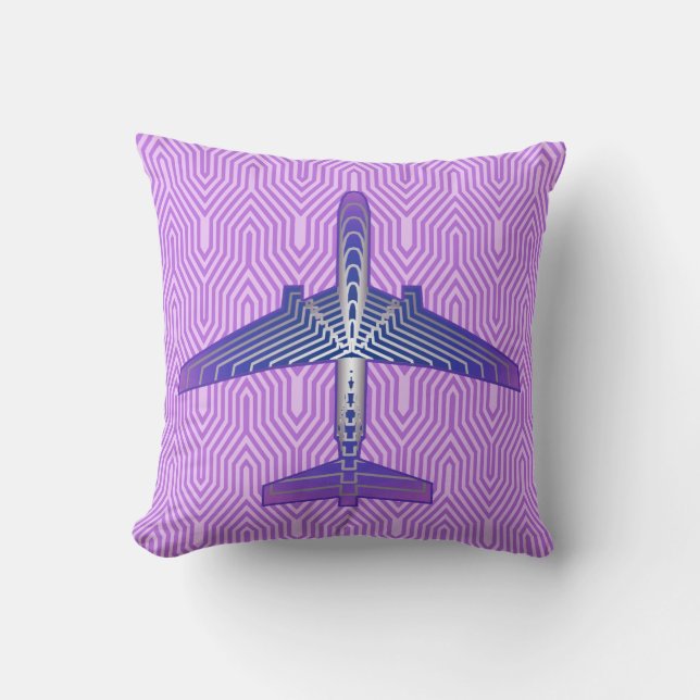 Art Deco Aeroplane, Violet Purple and Silver Grey Cushion (Front)