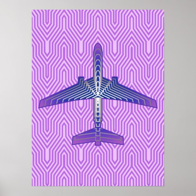 Art Deco Aeroplane, Violet Purple and Silver Grey Poster (Front)