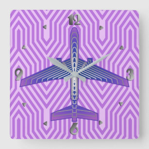 Art Deco Aeroplane, Violet Purple and Silver Grey Square Wall Clock