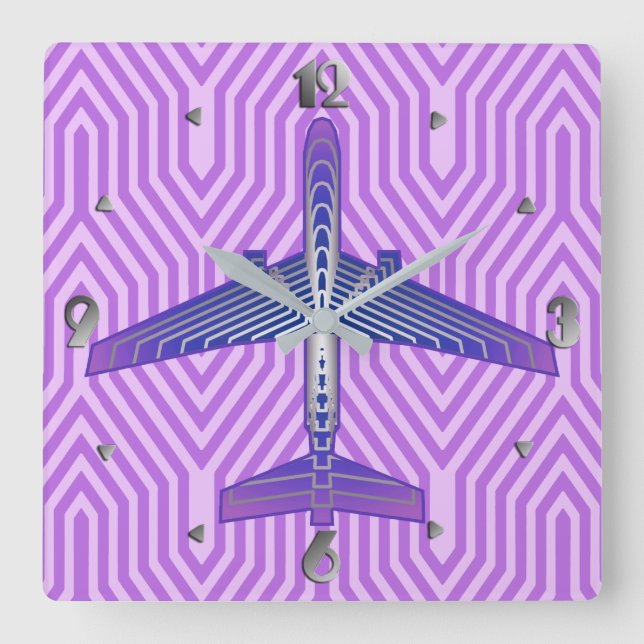 Art Deco Aeroplane, Violet Purple and Silver Grey Square Wall Clock (Front)
