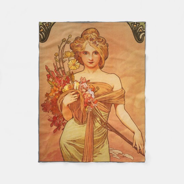 Art Deco, Alphonse Mucha, Vintage Art Fleece Blanket (Front)