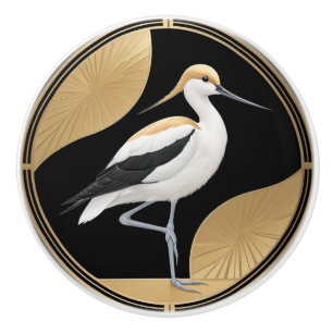 Art Deco American Avocet Bird Black White Gold Ceramic Knob