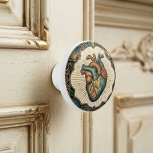 Art Deco Anatomical Heart Teal Green Gold Design Ceramic Knob