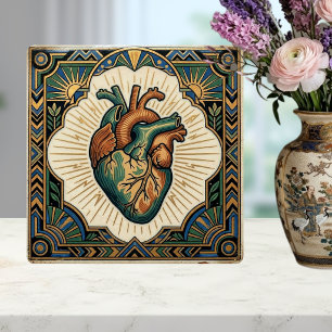 Art Deco Anatomical Heart Teal Green Gold Design Ceramic Tile